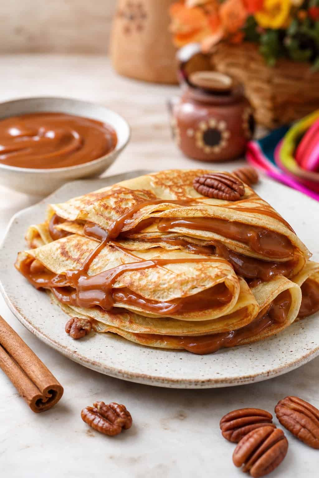 Cajeta-Stuffed Crepes with Toasted Pecan Crunch