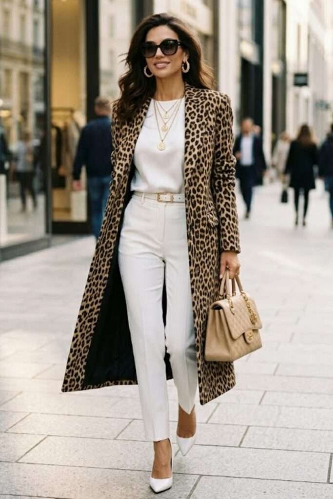 Leopard Coat, Minimal Base: Boldly Understated Confidence