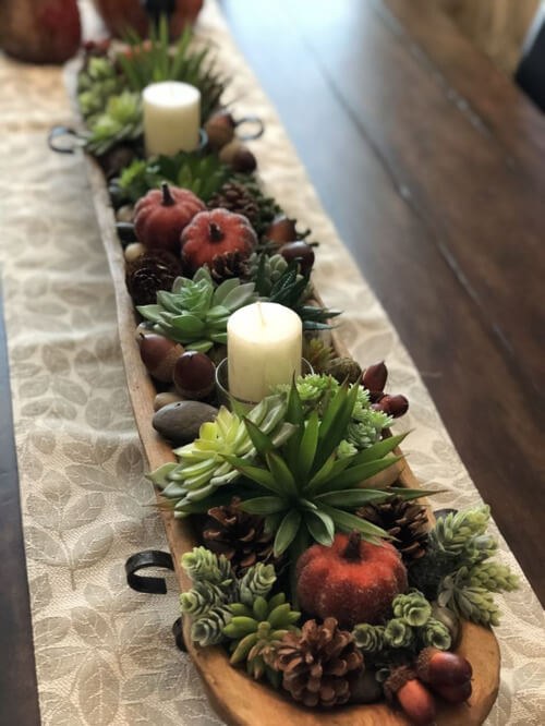 Succulents and Mini Pumpkins in a Dough Bowl
