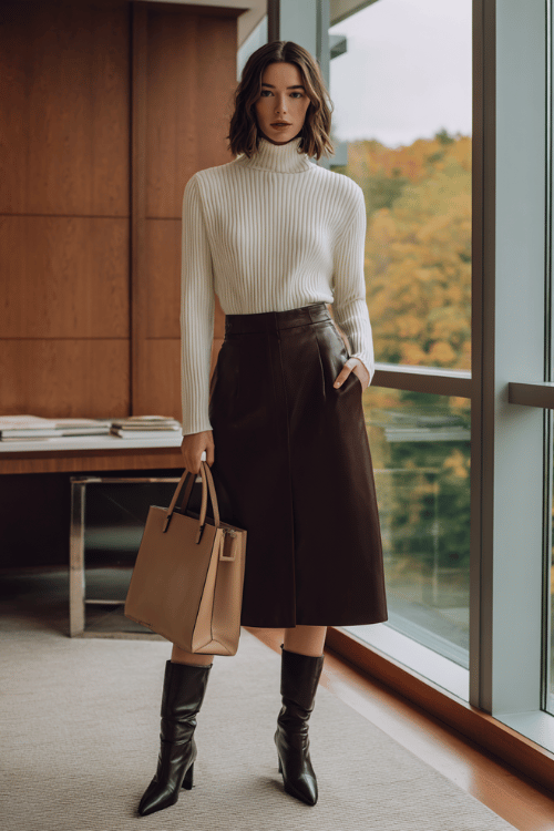 Polished Cream Knit + Burgundy Midi: Classy Fall Business-Casual for Women Over 50