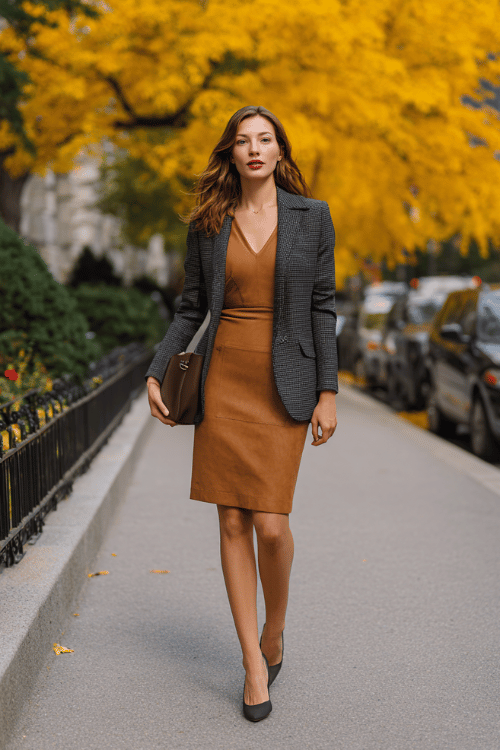 Fall Business-Casual: Camel Sheath & Charcoal Blazer for Women Over 50