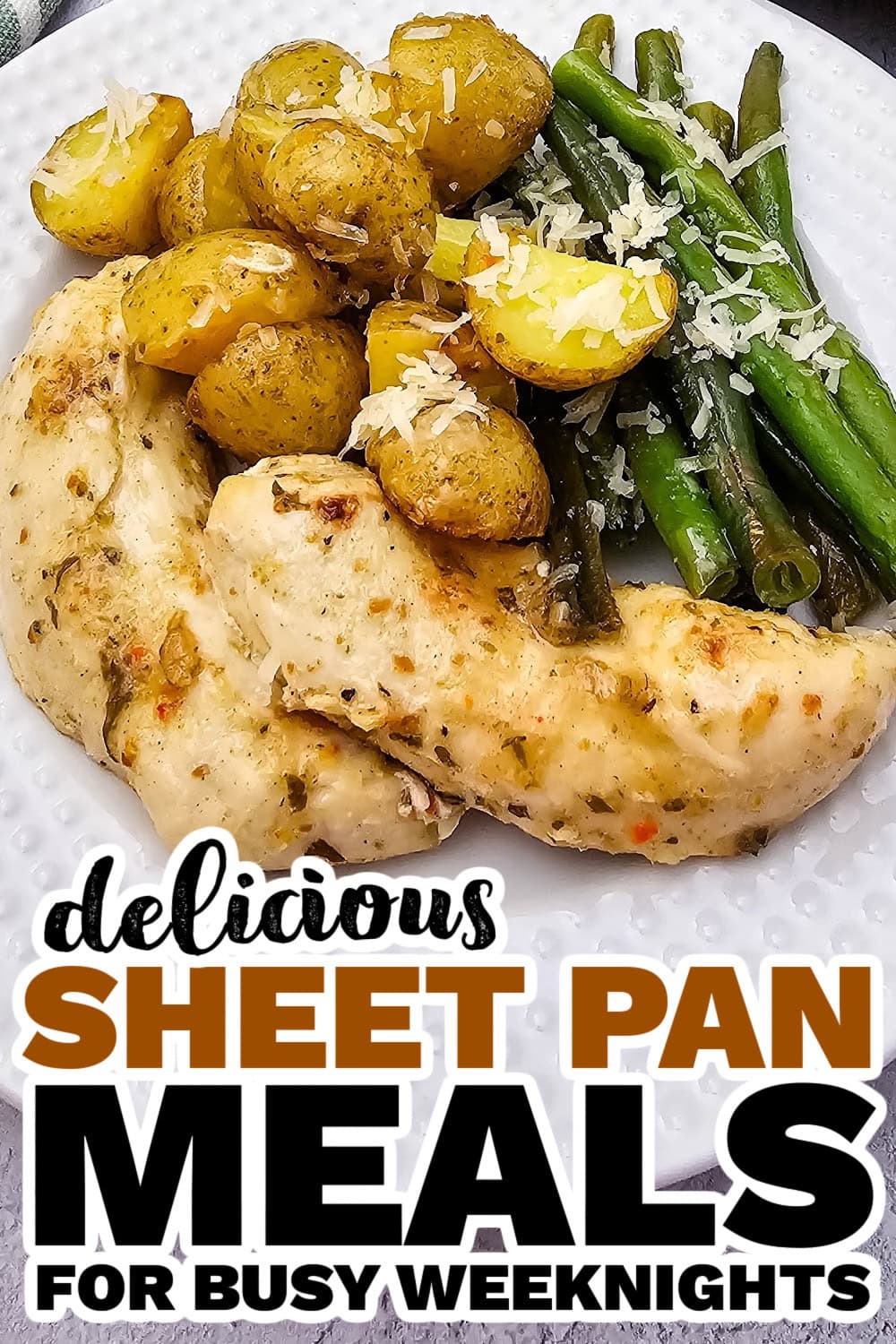 One‑Pan Crispy Herb & Cheese Chicken with Lemon Potatoes and Charred Green Beans