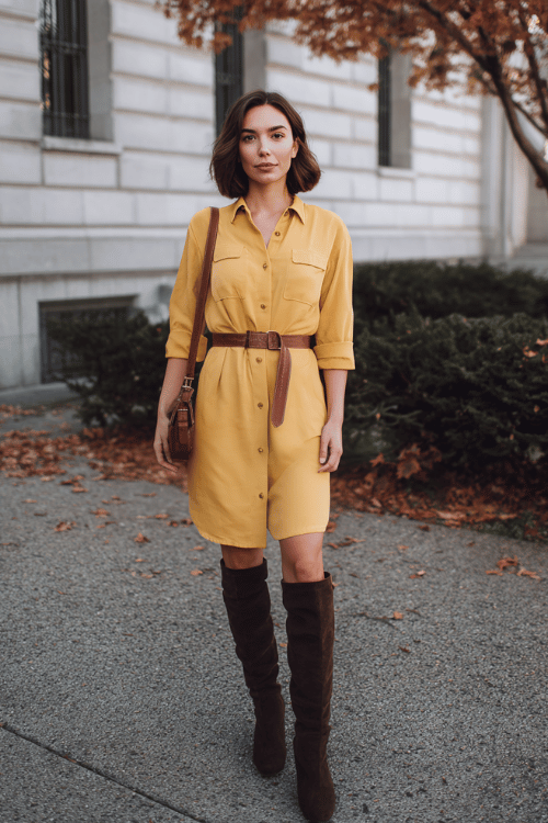 Mustard Shirt‑Dress Outfit Ideas for Women Over 50 — Fall Business‑Casual
