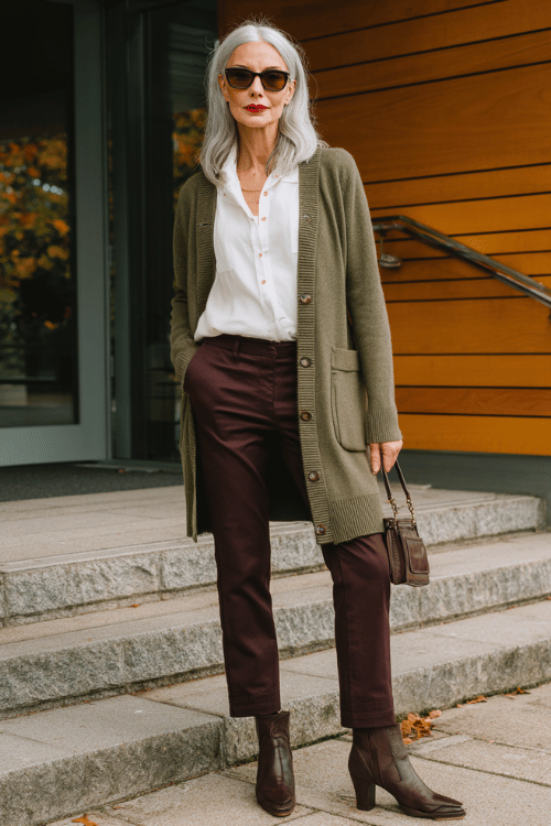Fall Business-Casual: Olive Cardigan and Burgundy Trousers for Women 60+