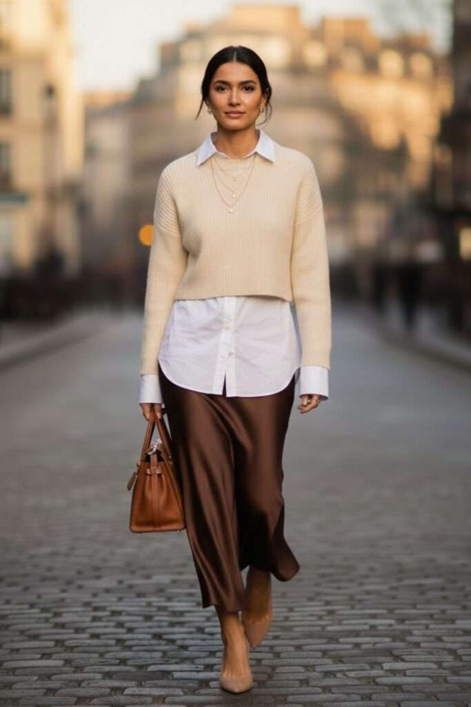 Understated Romance: Cozy Layers and Satin Skirts