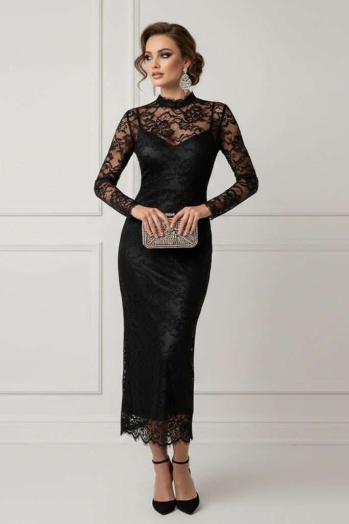 Midnight Lace Midi: Romantic, Refined Valentine's Dinner Look