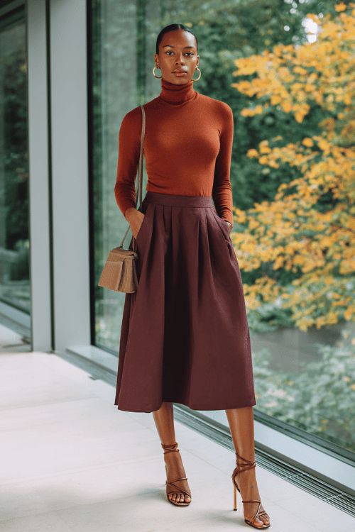 Rust and Plum Midi: Fall Business-Casual Outfit for Women Over 50