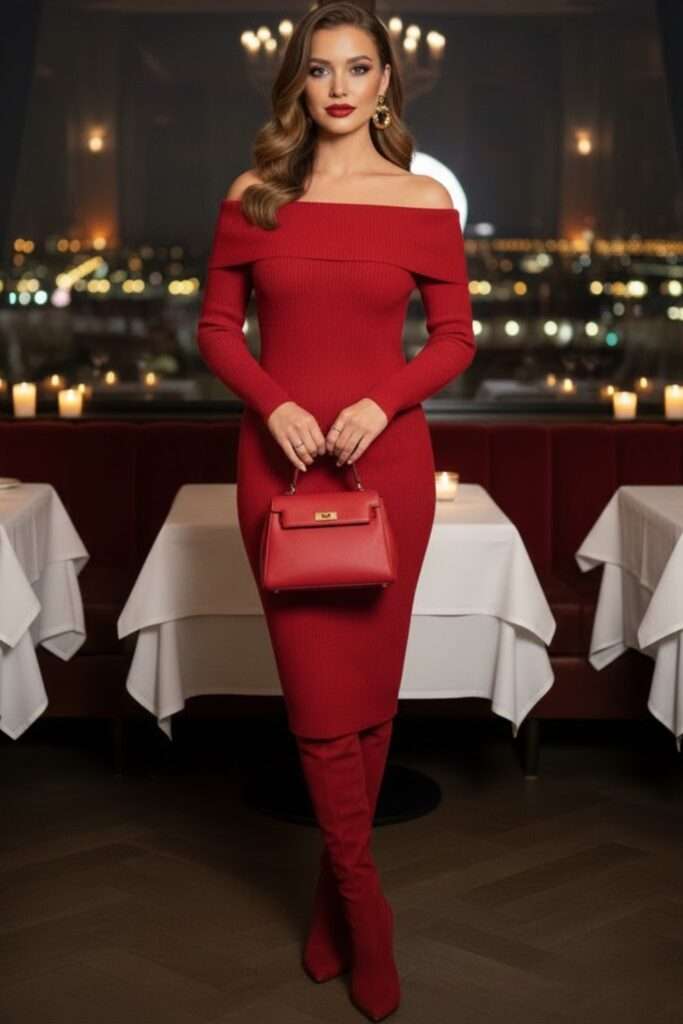 Scarlet Knit, Subtle Shoulders, Modern Romance