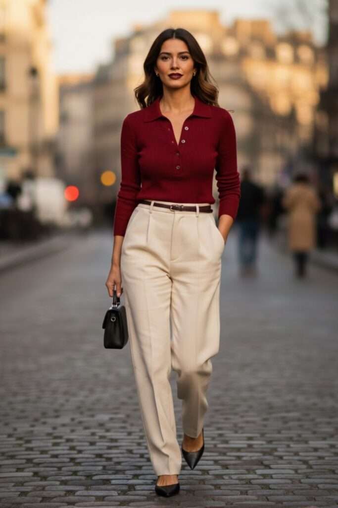 Wine-Knit Polo and Cream Tailoring for Easy Romance