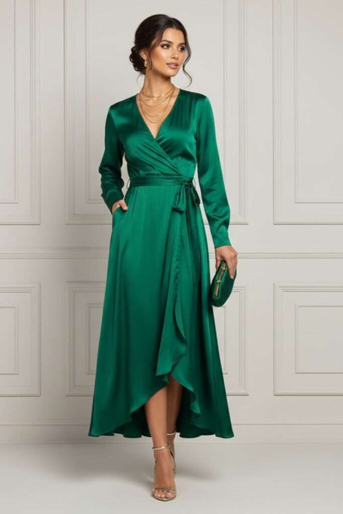 Emerald Silk Wrap Dress for Candlelit Valentine Evenings