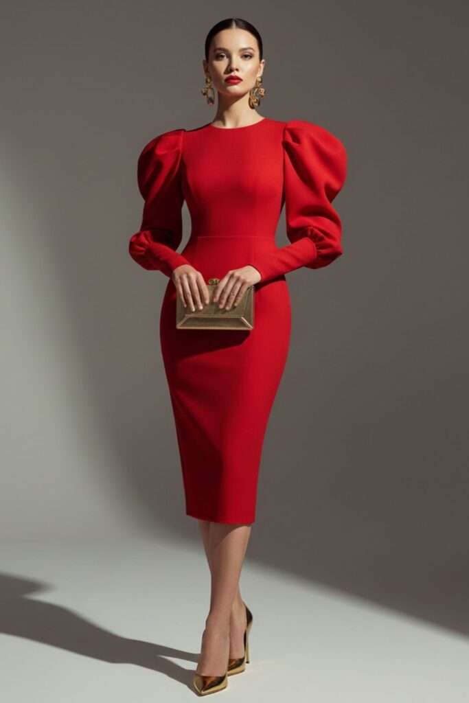 Scarlet Puff-Sleeve Midi for Intimate Evening Elegance