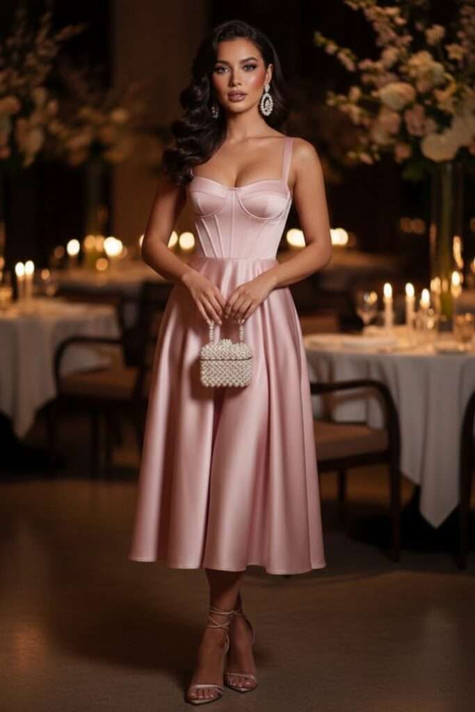Glow in Blush: Satin Midi for Intimate Evenings