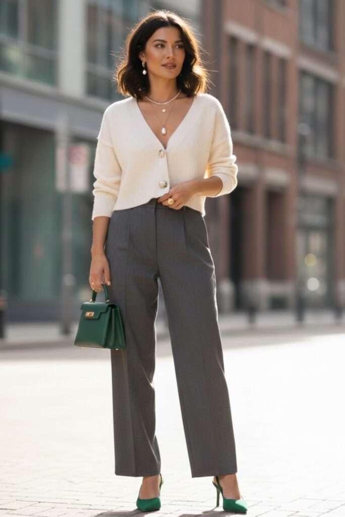 Cream Cardigan and Tailored Trousers, Softly Romantic