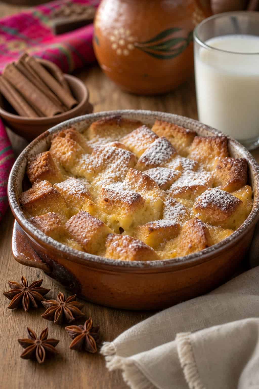 Warm Anise-Infused Bread Custard with Honey and Almonds