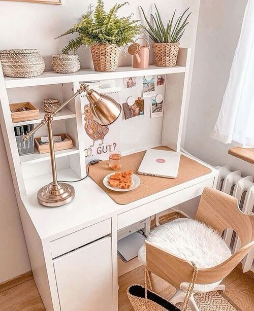 Bright White Desk with Warm Wood Details