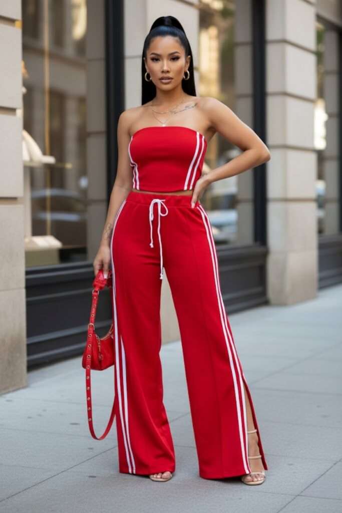 Scarlet Sport-Chic: Wide-Leg Statement Set