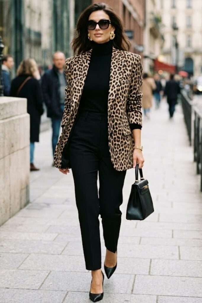 Polished Edge: Leopard Blazer with Sleek Monochrome Layers