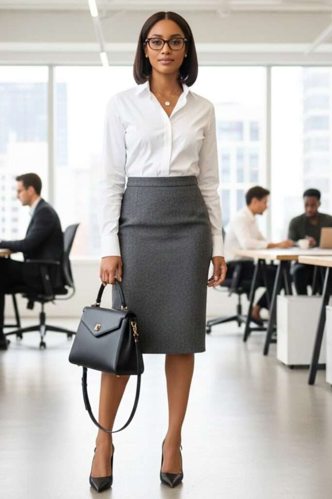 Streamlined White Shirt and Gray Pencil Skirt