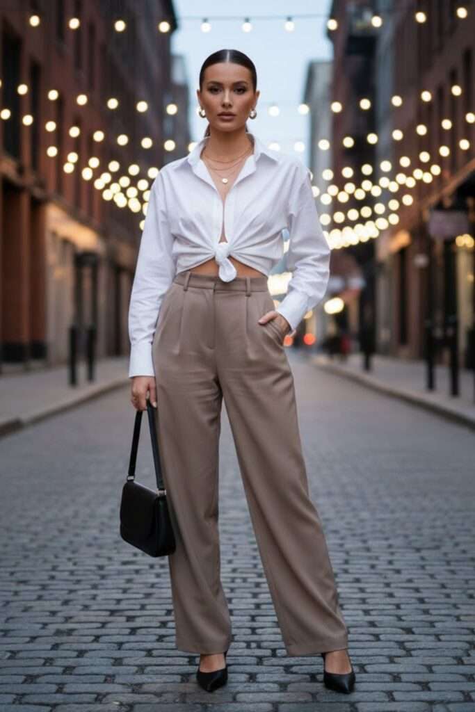 Tied Shirt and Taupe Trousers: Romantic Ease