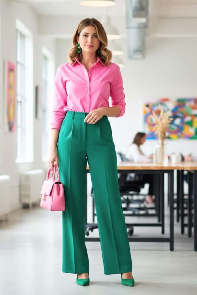 Bright Blouse Meets Tailored Green Trousers