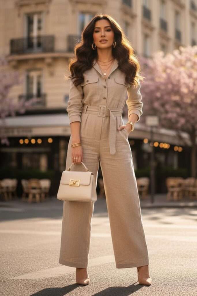 Crisp Linen Jumpsuit with Sculpted Belt and Heels