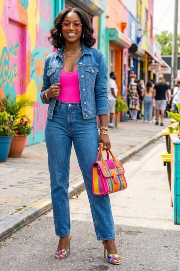 Playful Contrast: Denim-on-Denim with a Vibrant Pop
