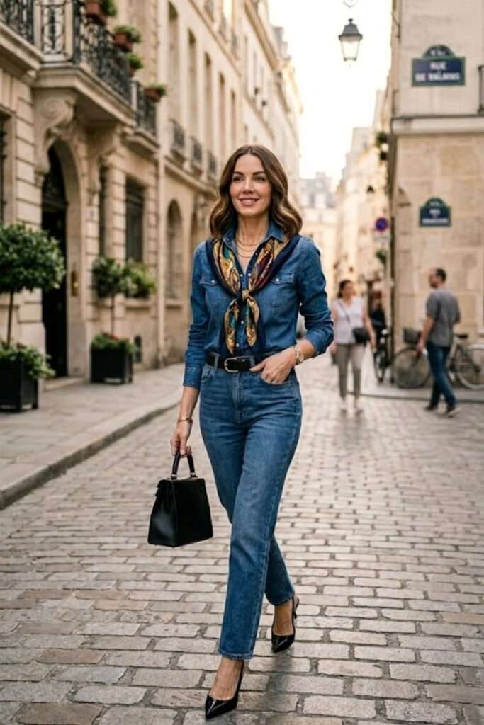 Monochrome Denim Duo with Silk-Scarf Sophistication