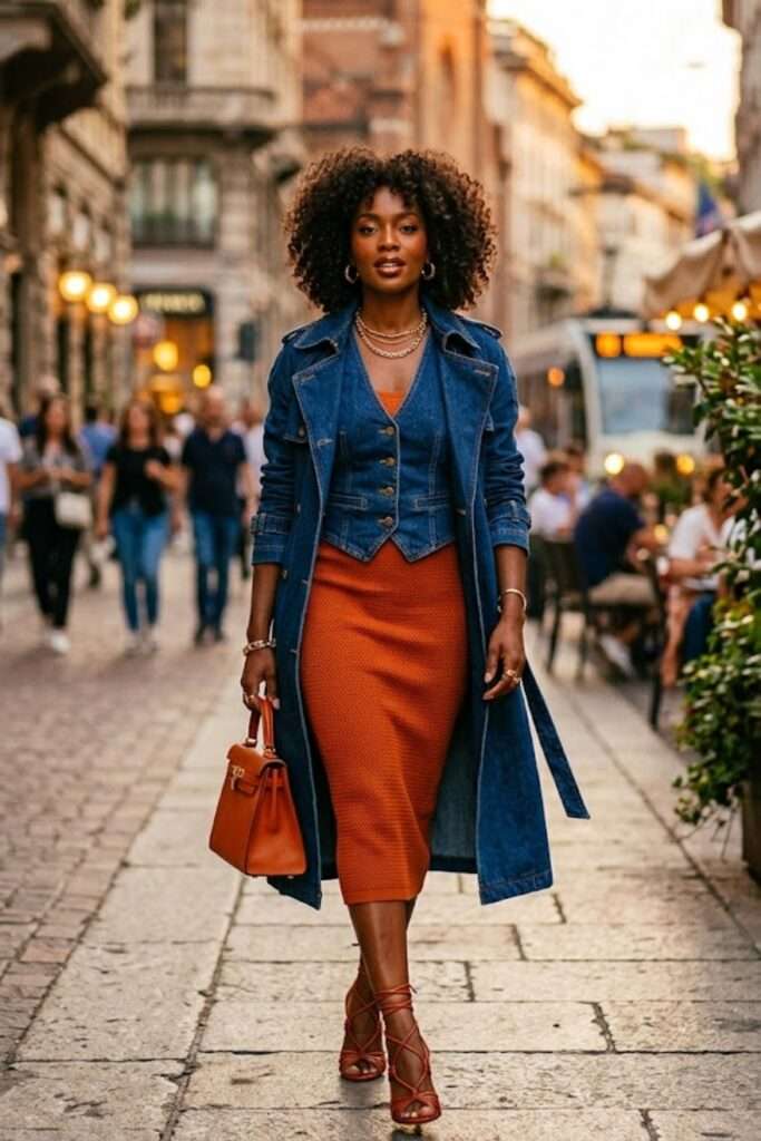Structured Denim Layers with a Sunset Dress Accent