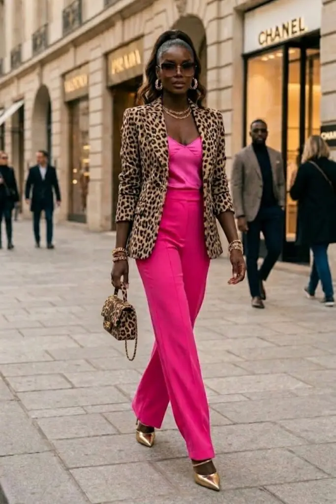 Leopard Blazer Meets Pink Tailoring: Polished Playfulness