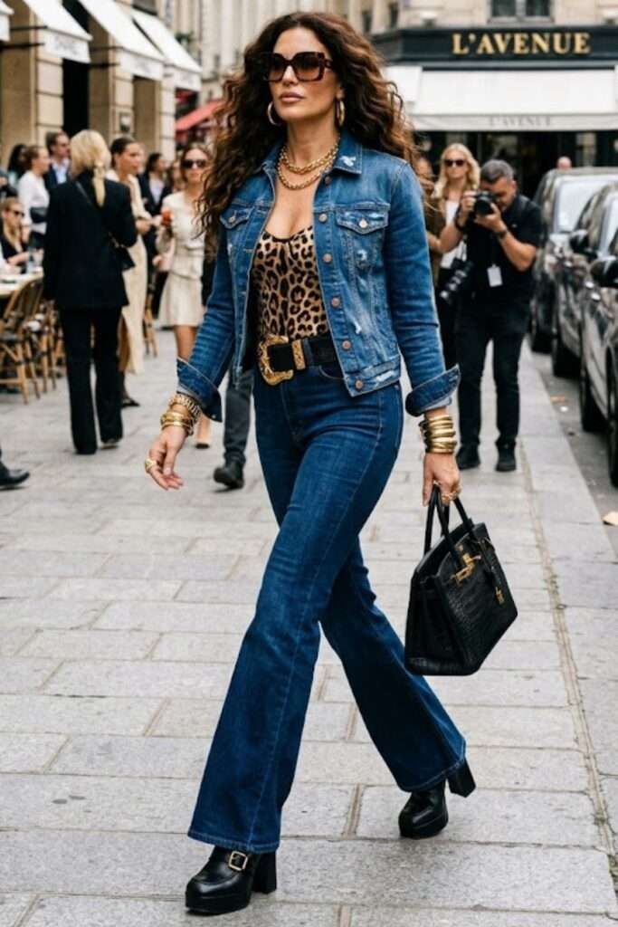 Streamlined Denim Set with Leopard and Gold Accents