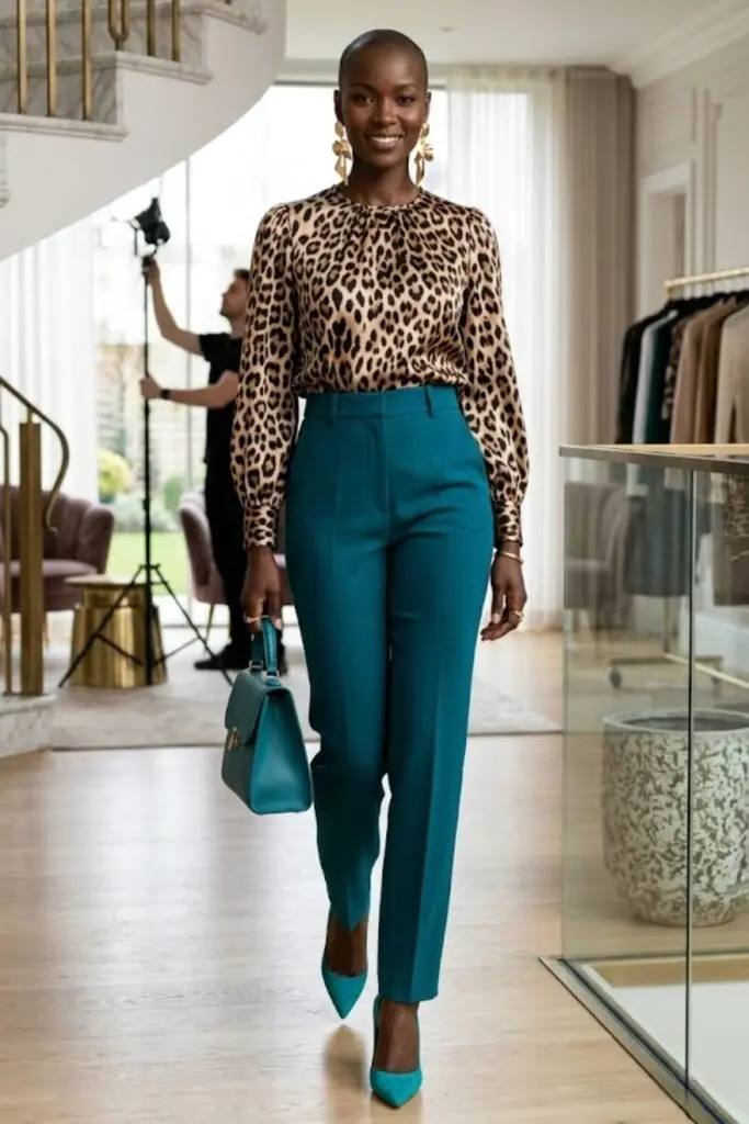 Leopard Blouse, Teal Trousers: Sleek Office Formula