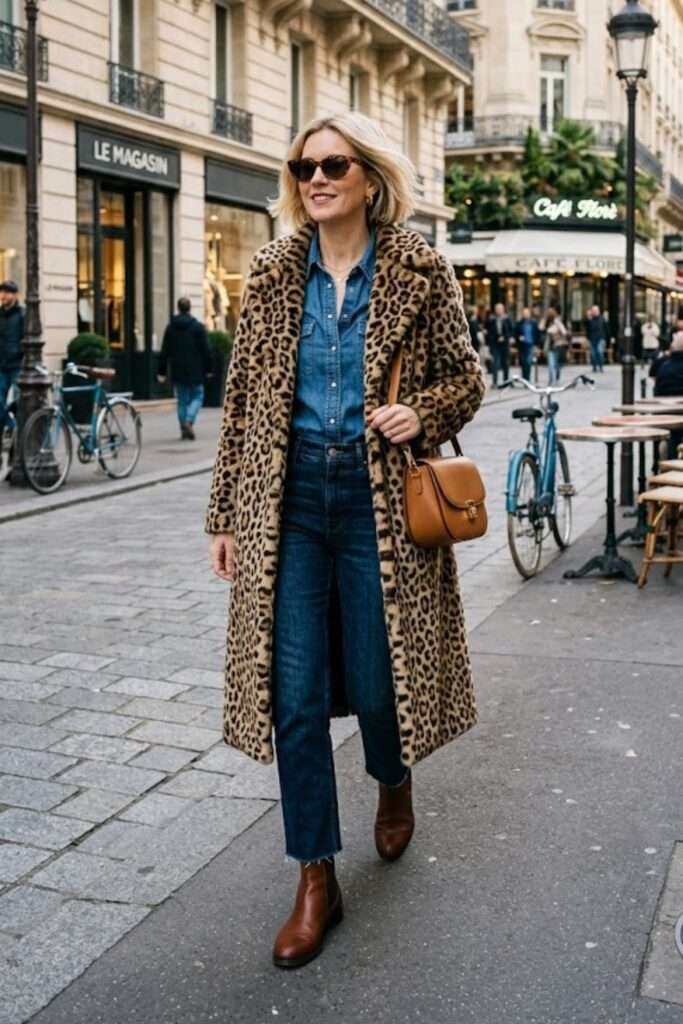 Leopard Coat Anchored by Cool Denim Layers
