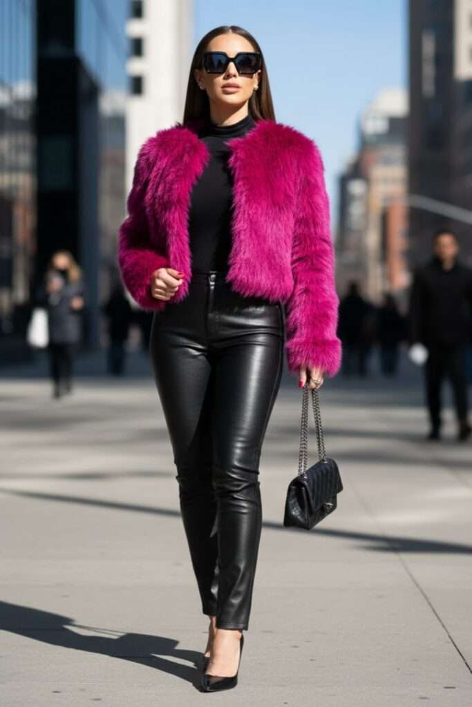 Urban Luxe: Polished Leather Pants, Plush Accent