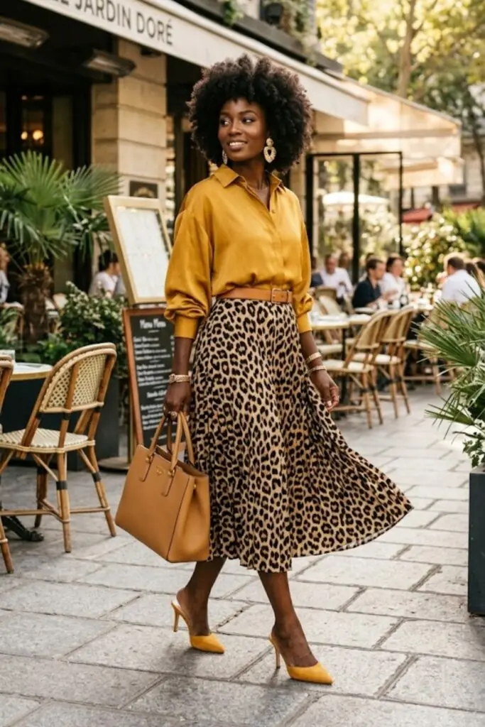 Golden Balance: Leopard Midi with Warm Structured Accents