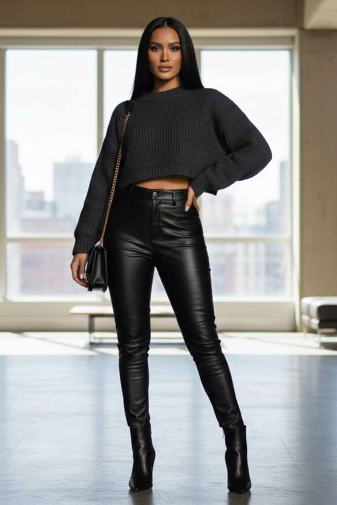 Cropped Knit and Tailored Leather for Urban Ease