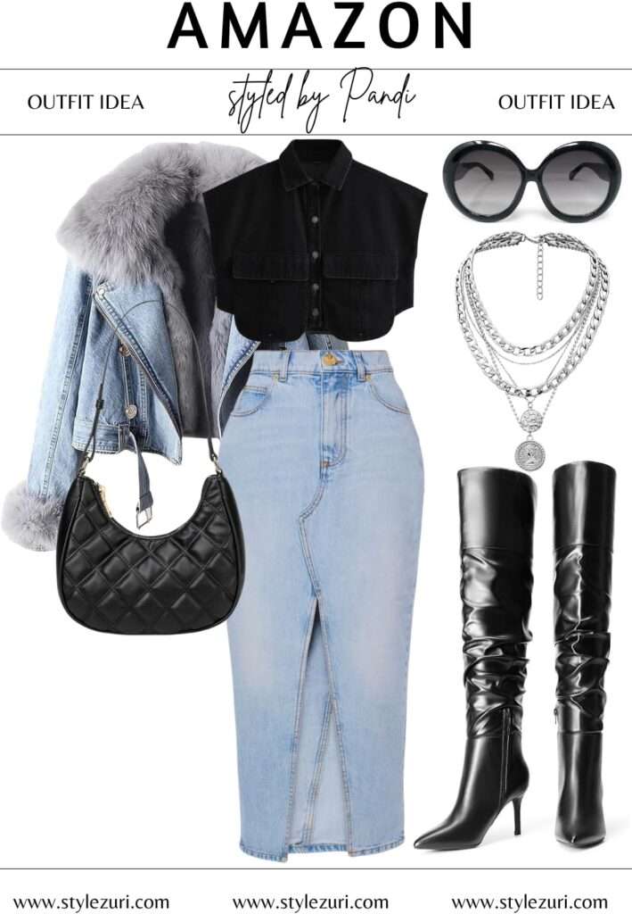 Edgy Denim Pencil Skirt with Cozy Layered Details