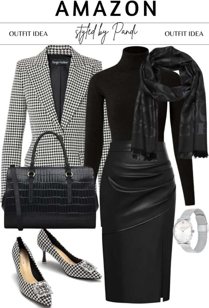 Power Pencil Skirt with Houndstooth Edge and Minimalist Accessories