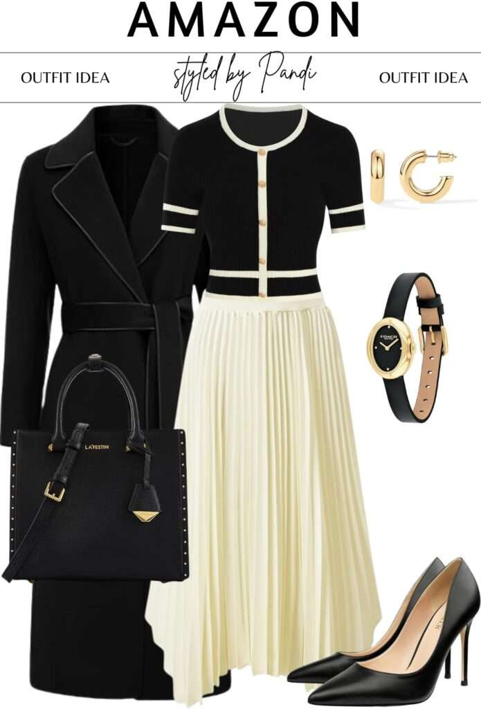Effortless Contrast: Pleats, Cropped Knit and Long Coat