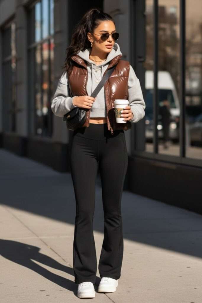 Cropped Hoodie Layered with Glossy Puffer for City Days