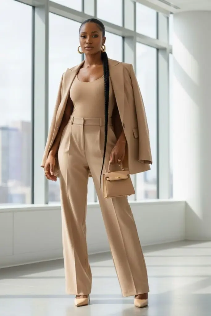 Polished Neutral Suit with Sculpted Nude Layer