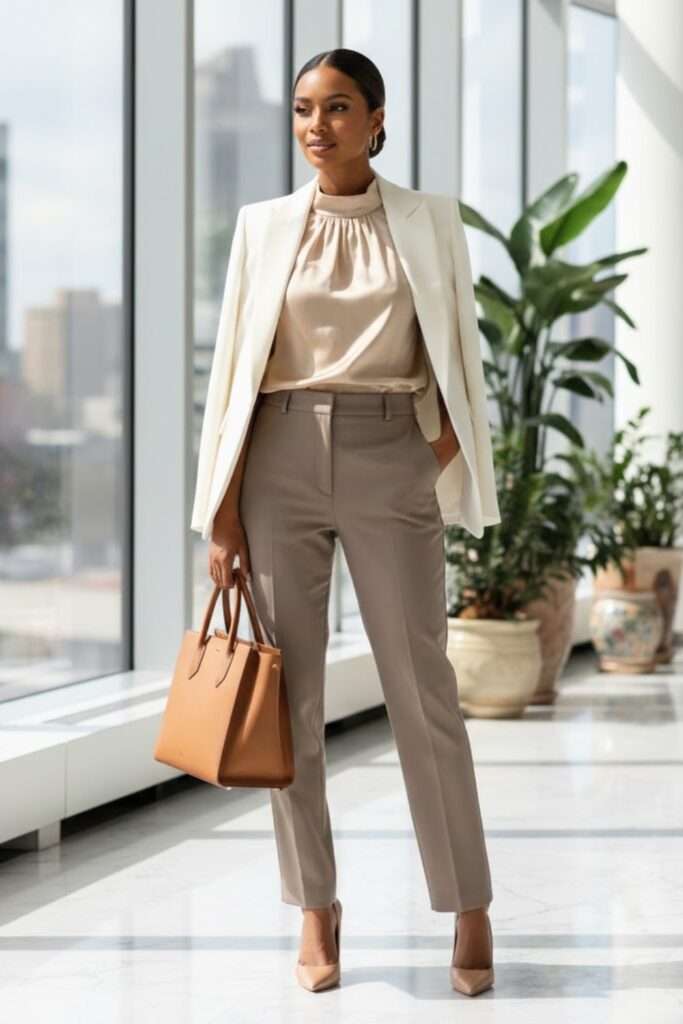 Soft Neutrals: Polished Blazer and Taupe Trousers Ensemble