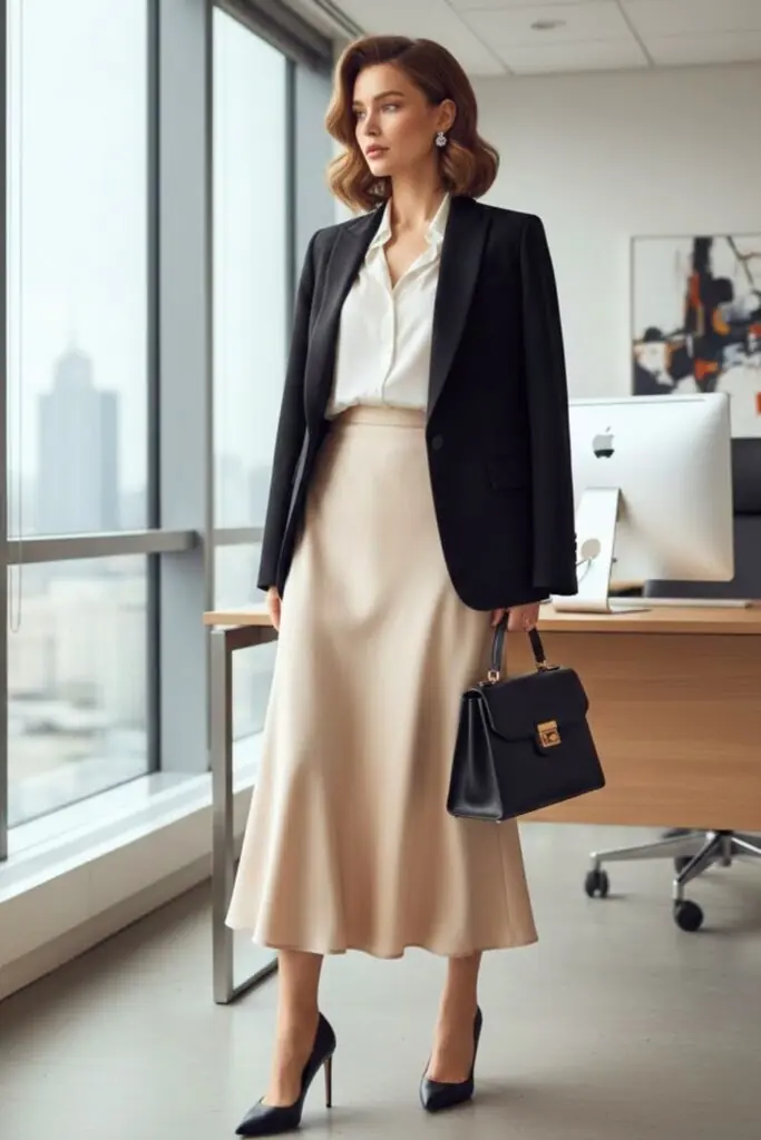 Polished Black Blazer with Satin Midi Elegance