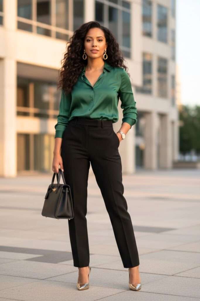 Emerald Satin Blouse with Tailored Black Trousers