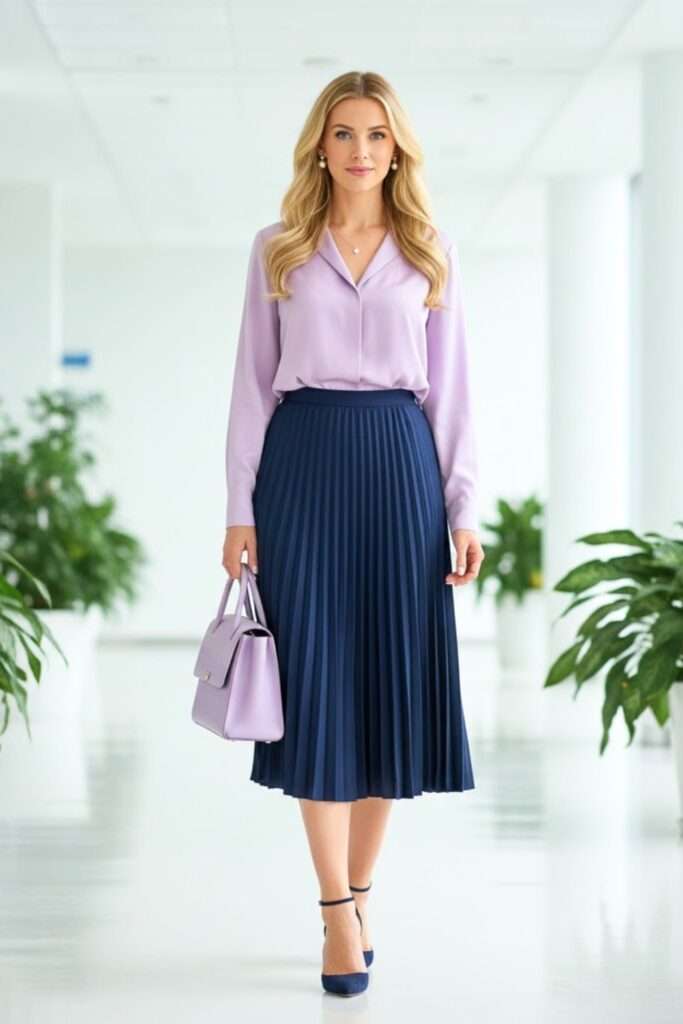Lilac and Navy Pleats: Feminine Office Refinement