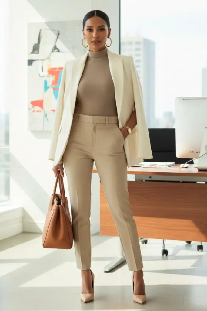 Cream Blazer With Neutral Layers For Polished Office