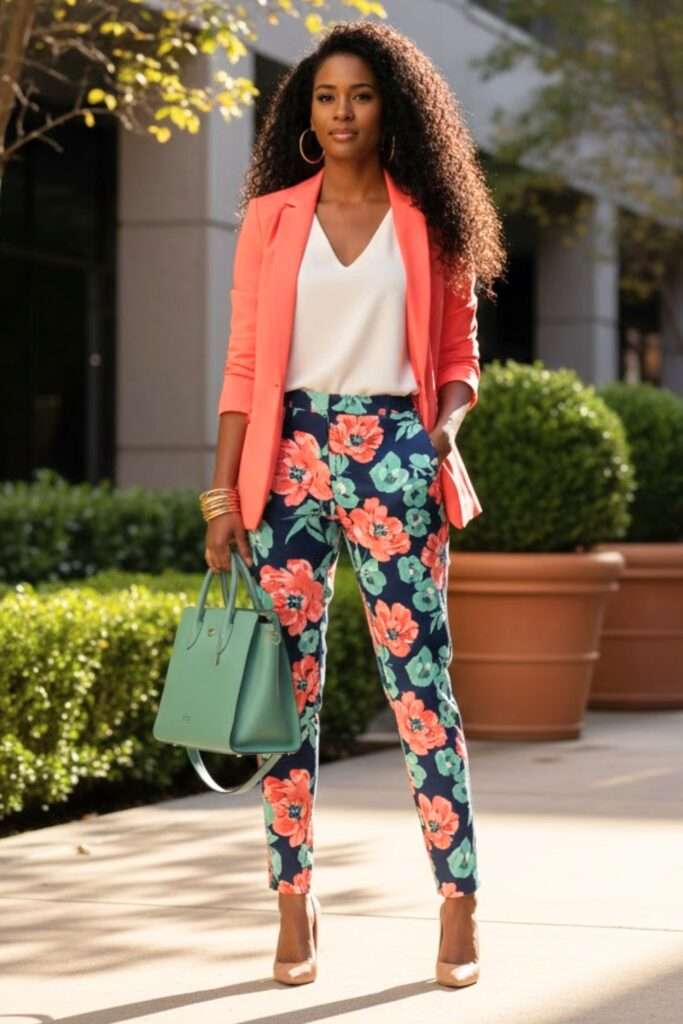 Vibrant Floral Trousers with Coral Blazer for Work