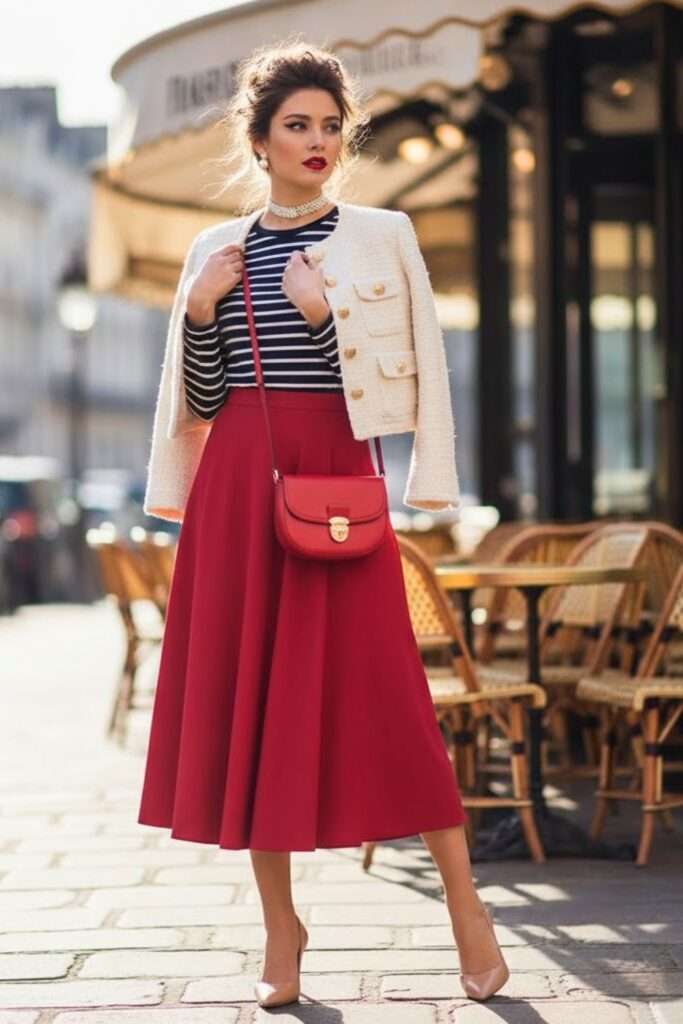 Parisian Charm: Stripes, Tweed and Bold Red Midi