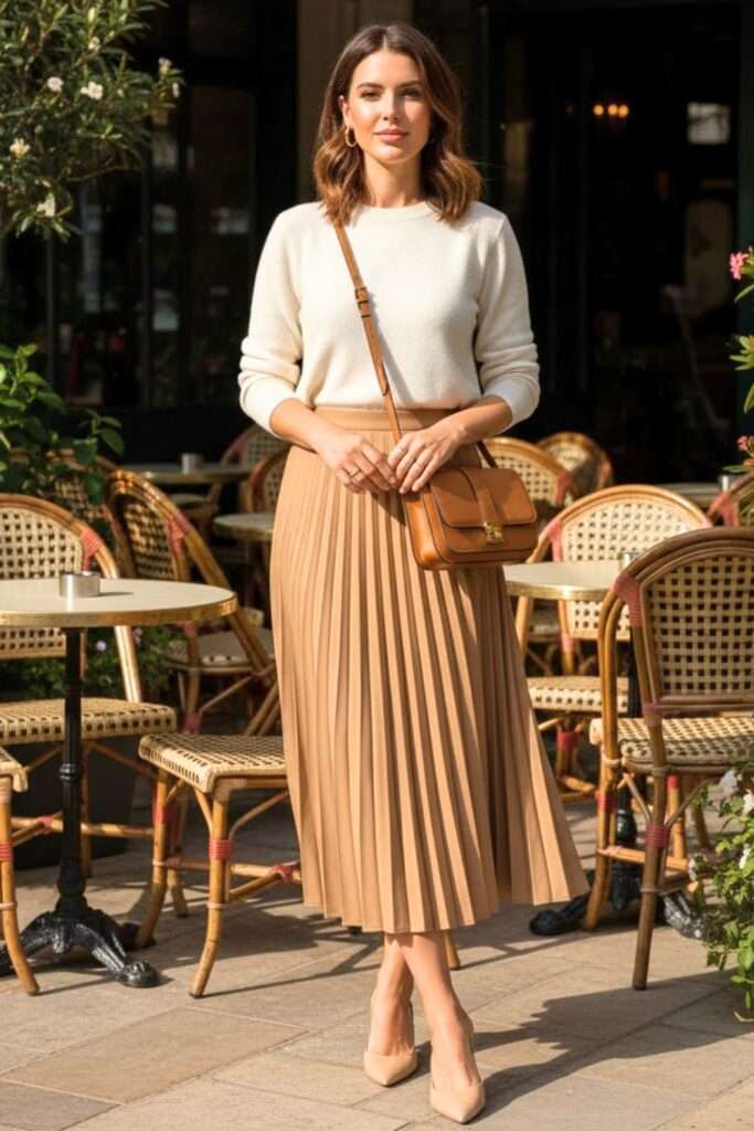 Ivory and Camel Pleats for Timeless Coffee Dates