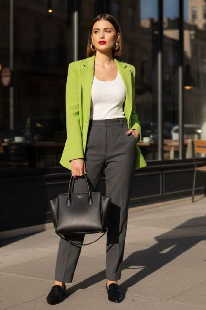 Vibrant Blazer Over Classic Tailoring for Coffee Dates