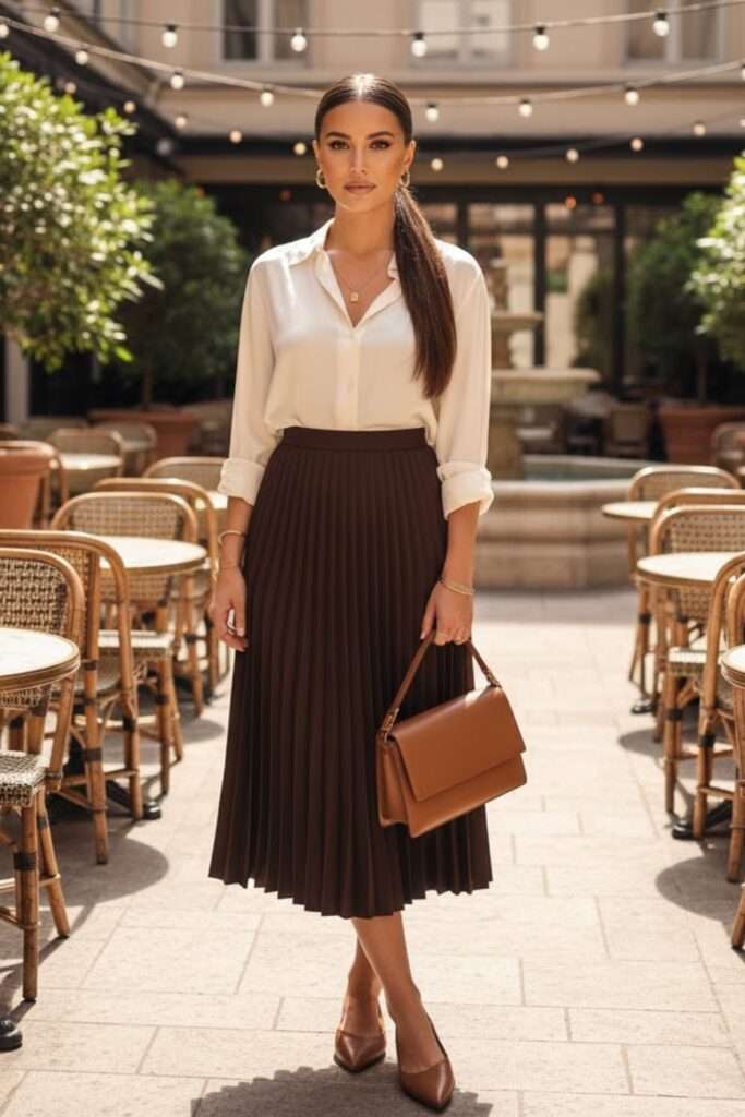 Timeless Neutrals: Pleated Midi and Crisp Blouse